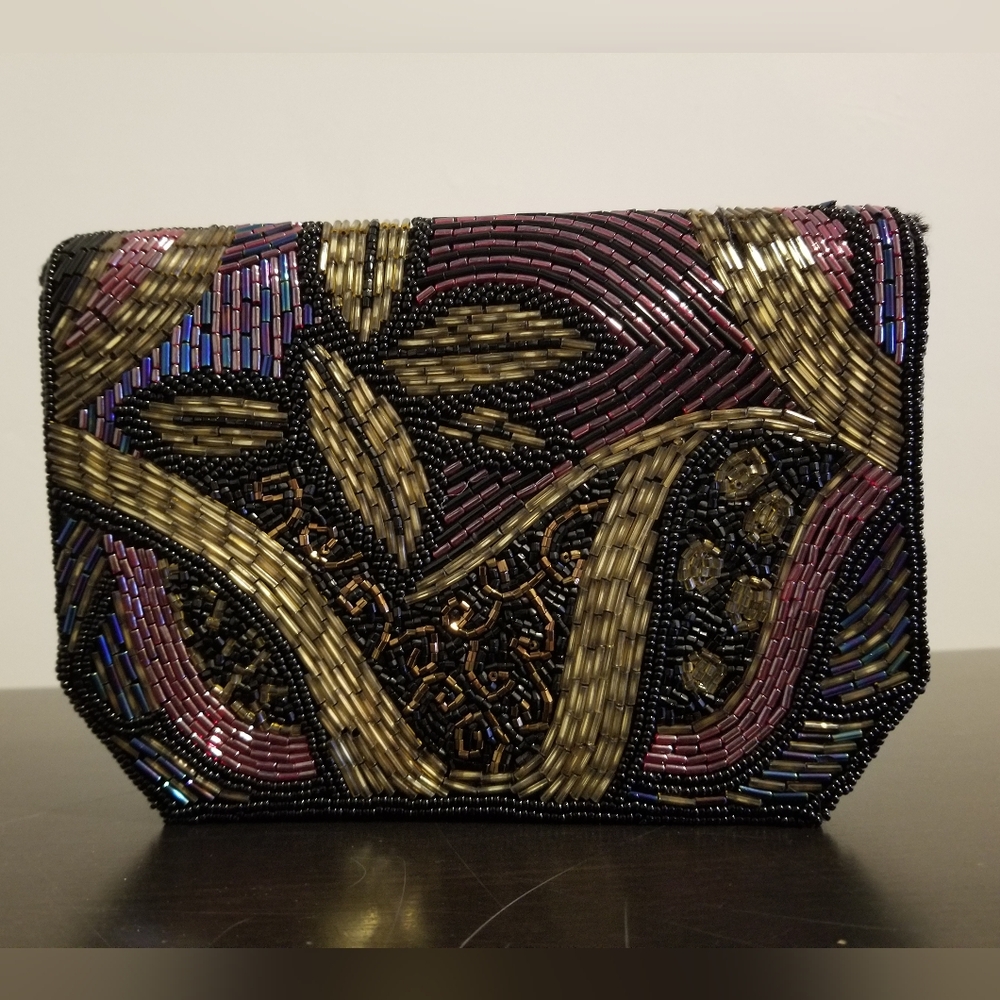 VINTAGE BEADED CLUTCH PROM WEDDING COCKTAIL BLACK TIE EVENING BAG 80S PREPPY VTG - Picture 5 of 9